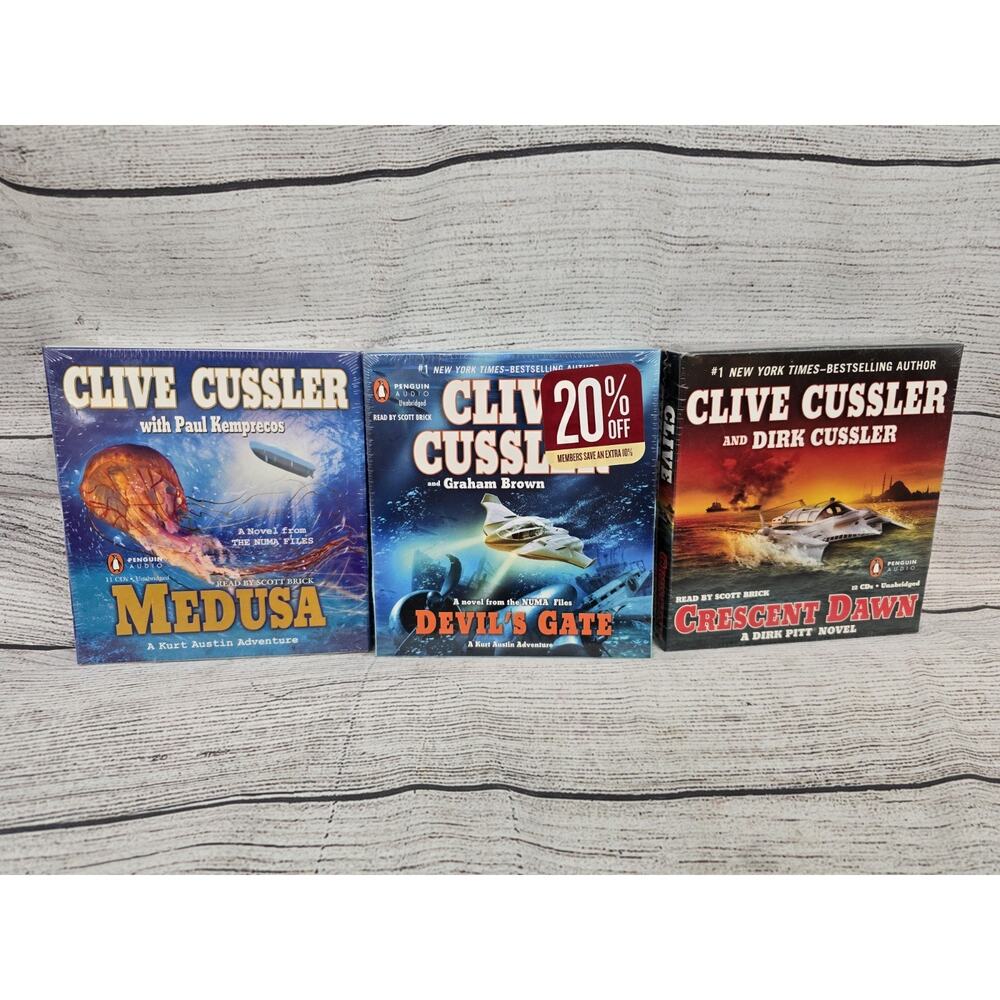 3 Clive Cussler Audio Books/cd's.Devils Gate,crescent Dawn,medusa Sealed